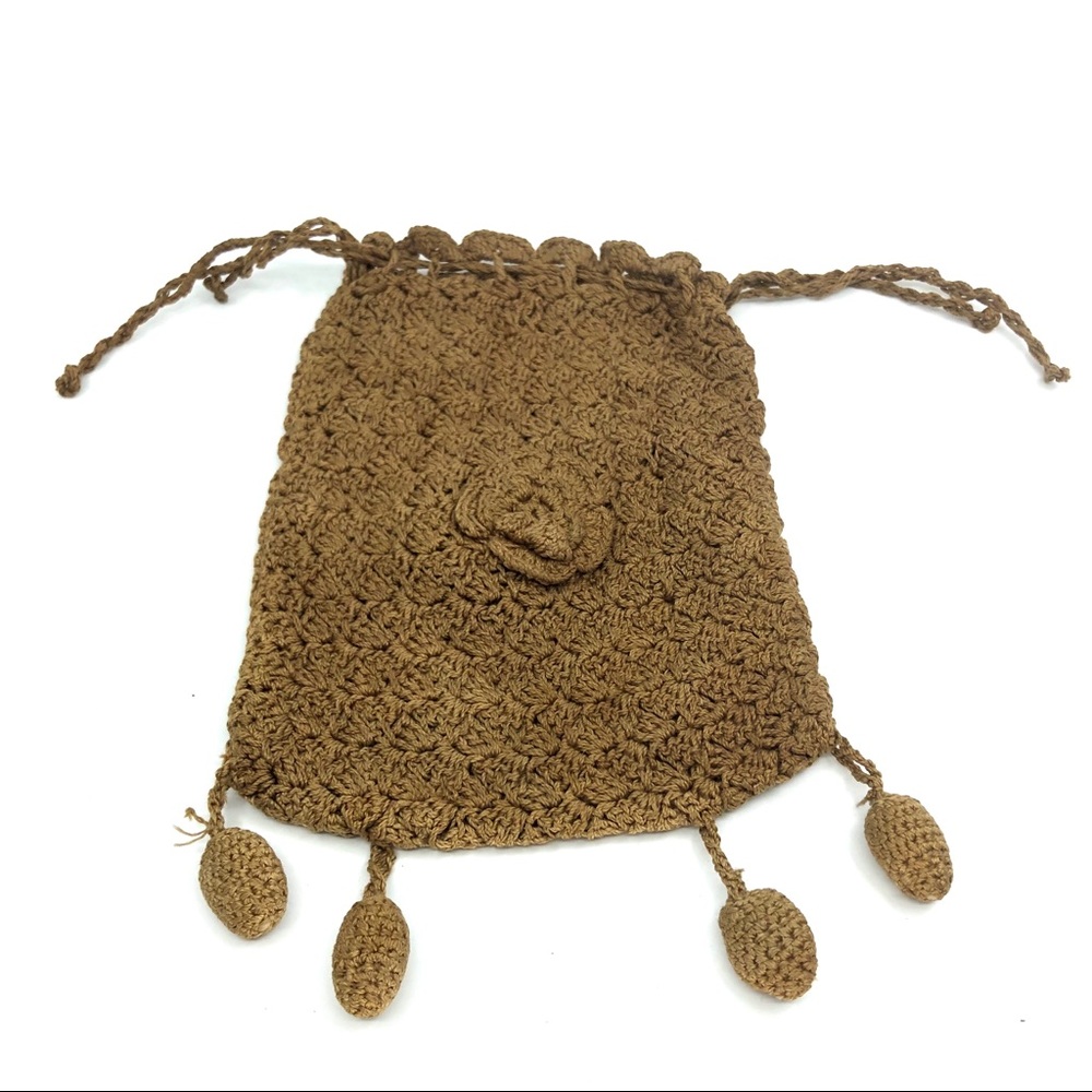 Victorian Brown Crochet Drawstring Reticule Bag - Picture 2 of 12